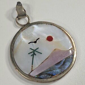 Silver Inlay Pendant Abalone Mother of Pearl Shell Beach Mountain Scene